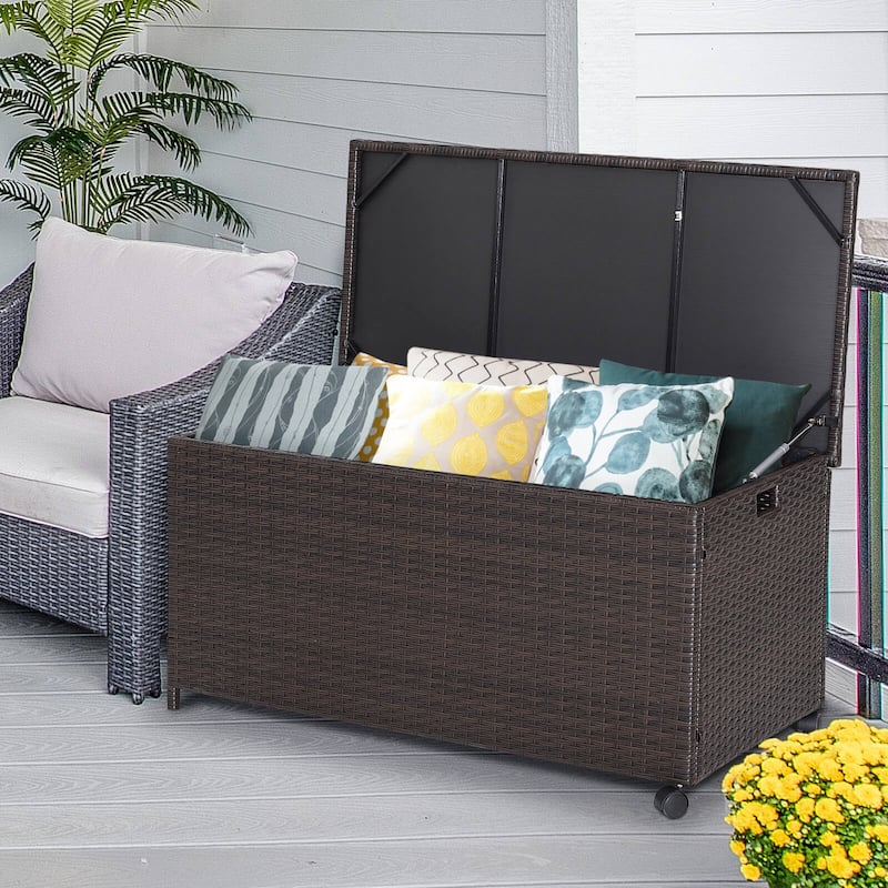 Large Mix Brown Deck Storage Box with Steel Frame and Wheels and Protective Liner