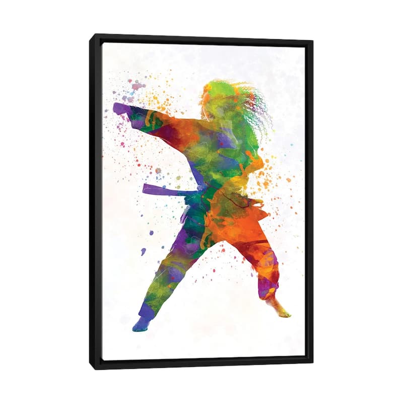 iCanvas "Young Man Practices Karate In Watercolor" by Paul Rommer Framed Canvas Print - Black - 40x26