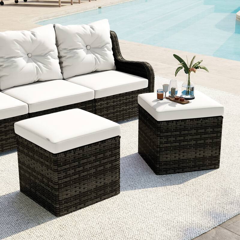 2 Set 17.7" W Outdoor Rattan Patio Square Ottoman with Cushion - Beige