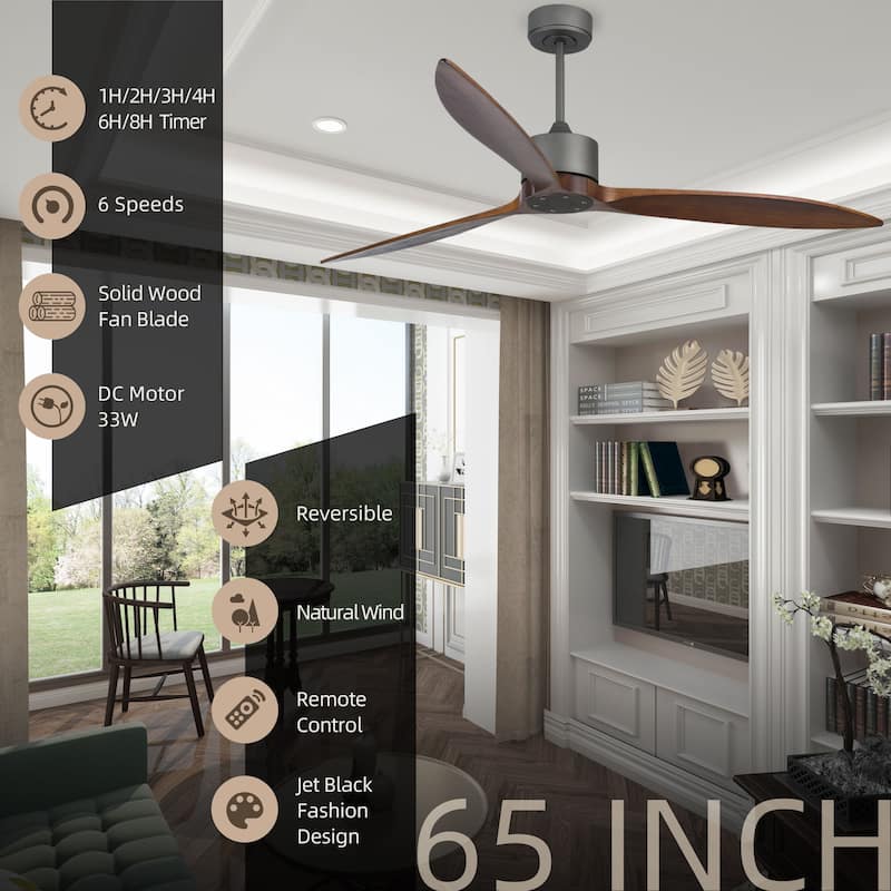 65" Solid Wood 3-Blade Black Ceiling Fan with Remote, Reversible DC Motor - Jet Black+Walnut