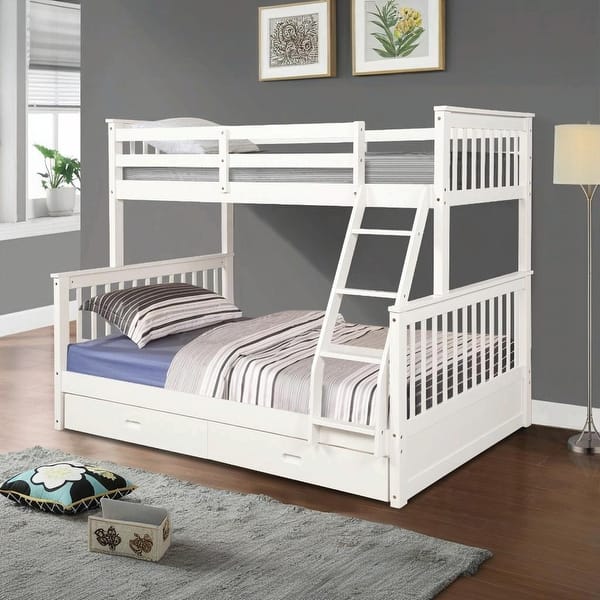 slide 2 of 20, Twin Over Full Bunk Bed with Storage Drawers, Wooden Bunk Bed with Ladder and Safety Guard Rails White