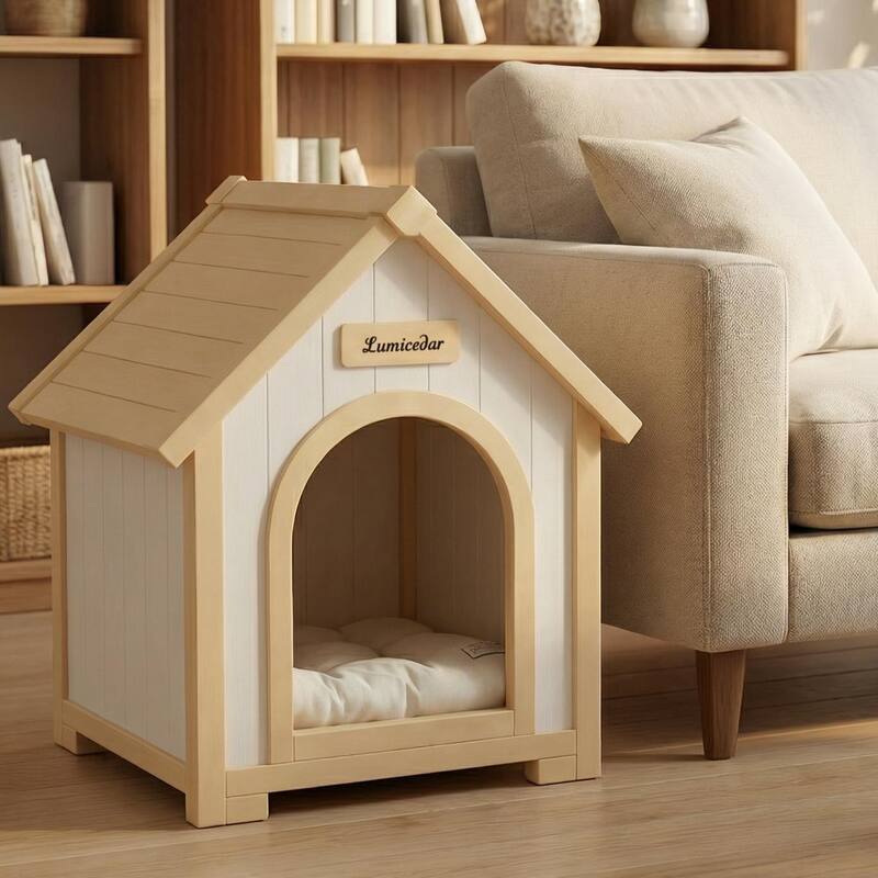 Modern Indoor Wooden Dog House with EVA Cushion, Solid Cedar Pet House for Small Dogs & Cats