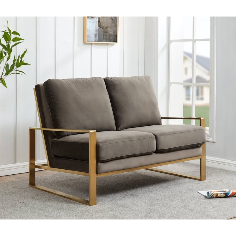 Jefferson Modern Two-Seater Velvet Loveseat with Brushed Gold Stainless Steel Base, Removable Cushions for Living Room or Lounge