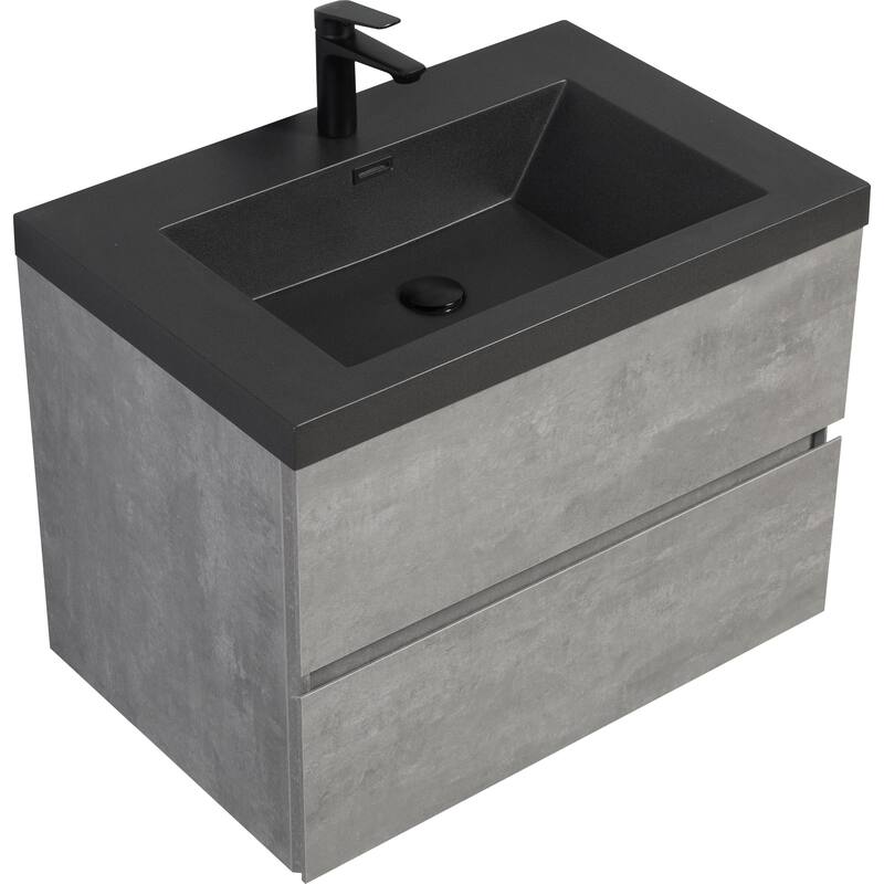 36" Wall-Mounted Floating Vanity with Premium Quartz Sand Basin, Grey Modern Storage Cabinet