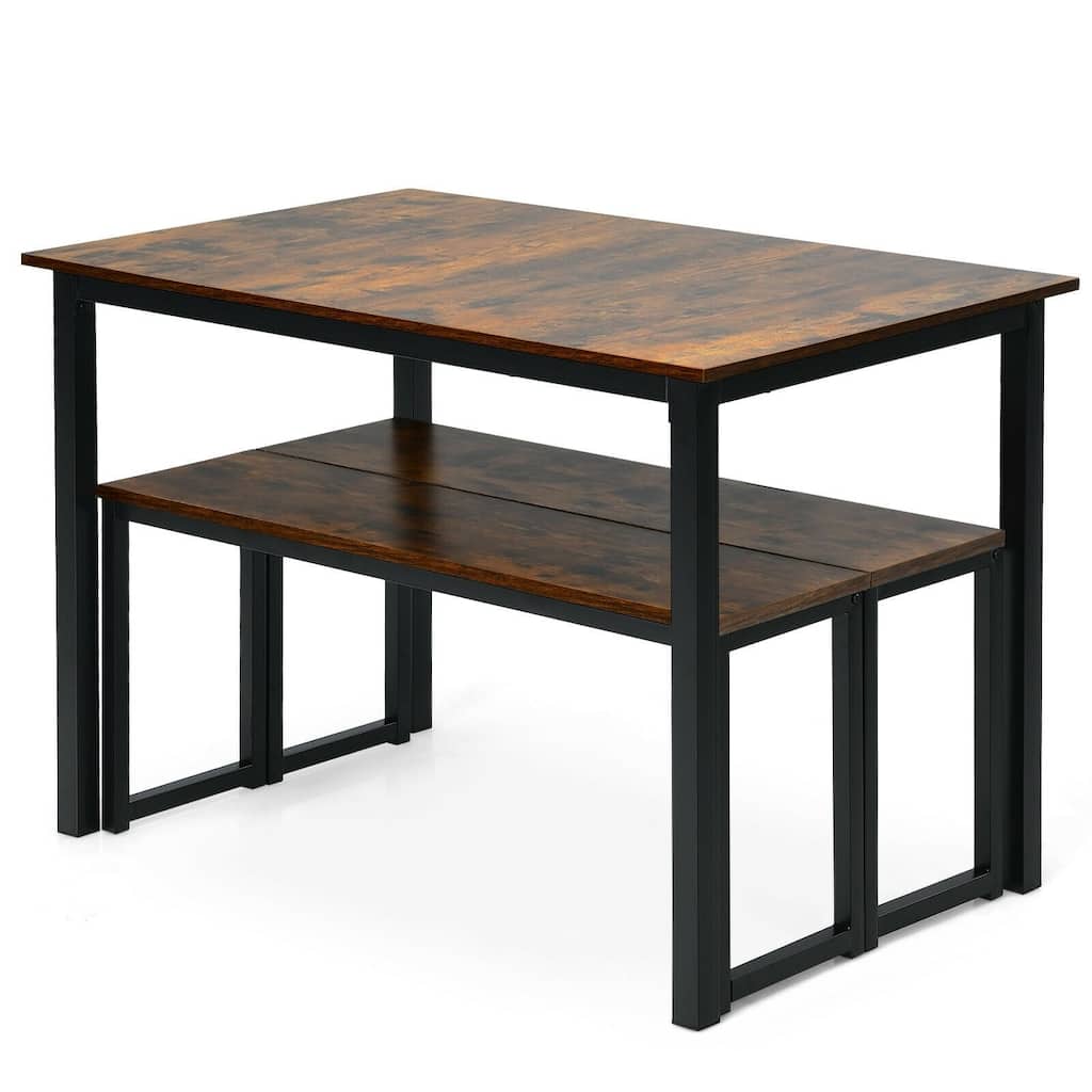 Space-Saving Dining Table Set with 2 Benches and Floor Protection Ideal for Home and Hotels