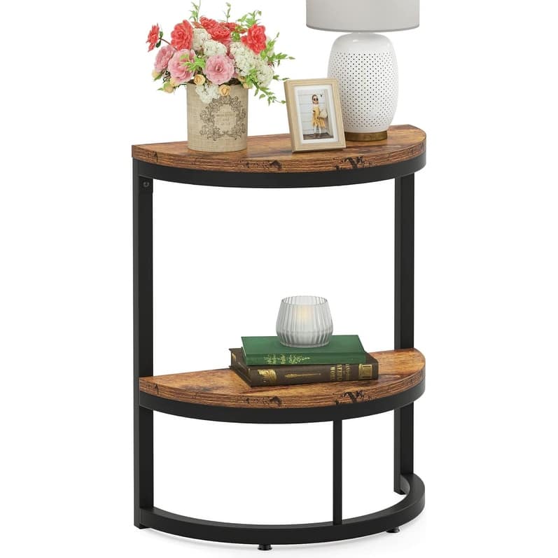 Half Round End Table with Storage, Small Wood Side Table for Living Room