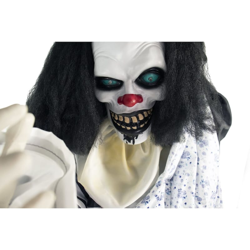 Life-Size Animatronic Talking Clown with Doll with Lights and Sound, Indoor or Covered Outdoor Halloween Decoration