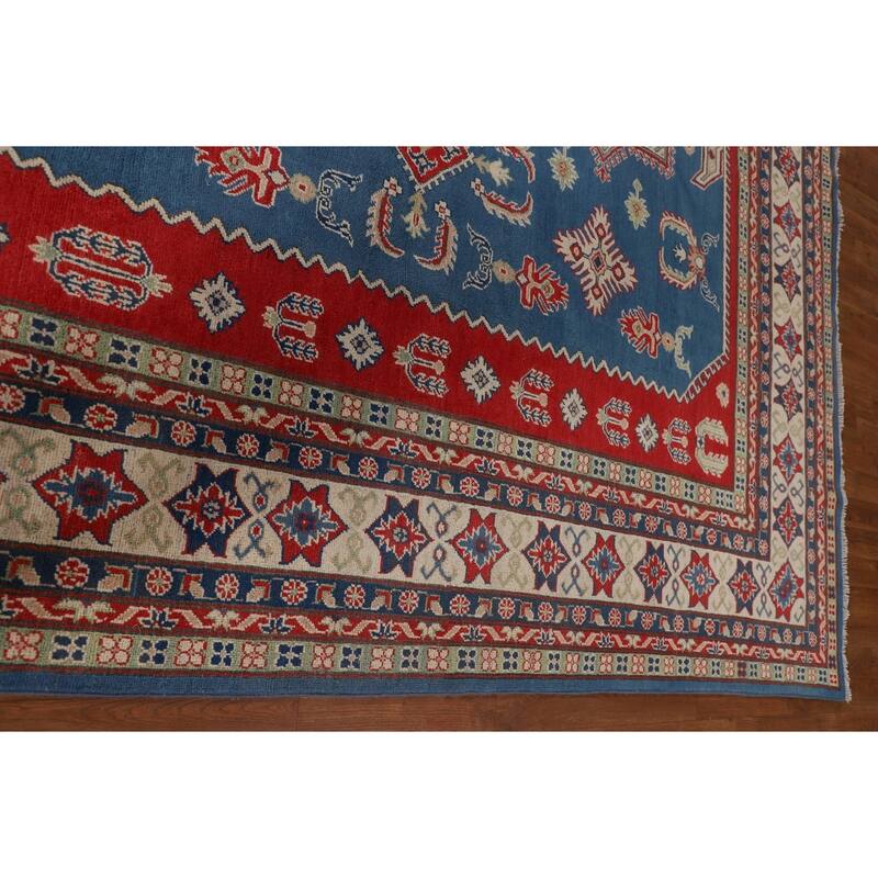 Blue Geometric Kazak Large Area Rug Hand-Knotted Wool Carpet - 9'9" x 13'2"