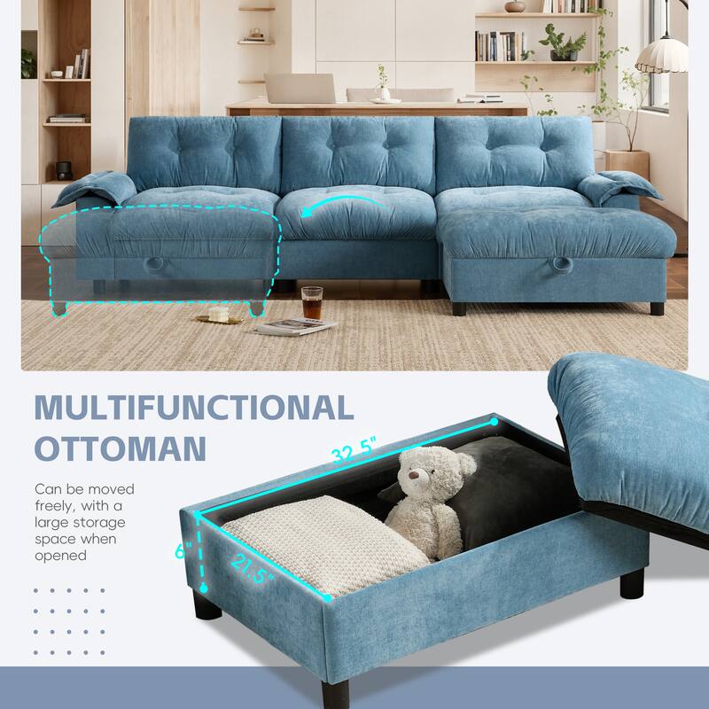 104 Inch Sectional Sofa with Storage Ottoman & Dual-Port Charging, Cup Holder, Side Storage Pockets