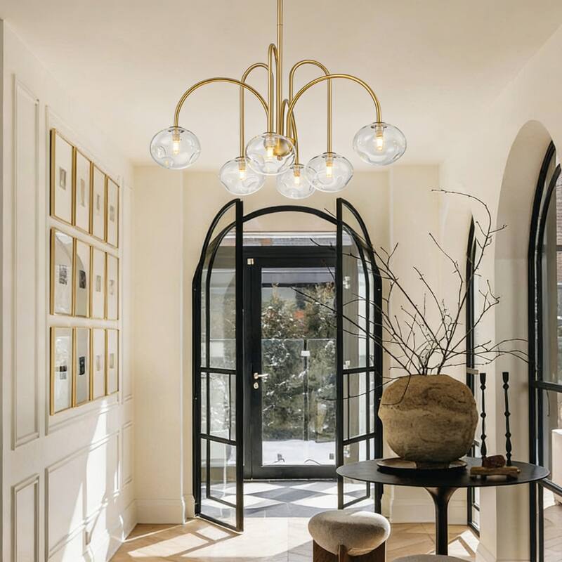 Rennnsan 6-Light Modern Brass Chandelier with Clear Glass Globes - Contemporary Ceiling Light for Living Room - 6 Light