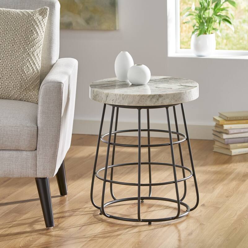 Roomfitters Round Marble Top End Table, Modern Side Table with Black Wire Base, Small Sofa Table for Living Room, Gray Marble