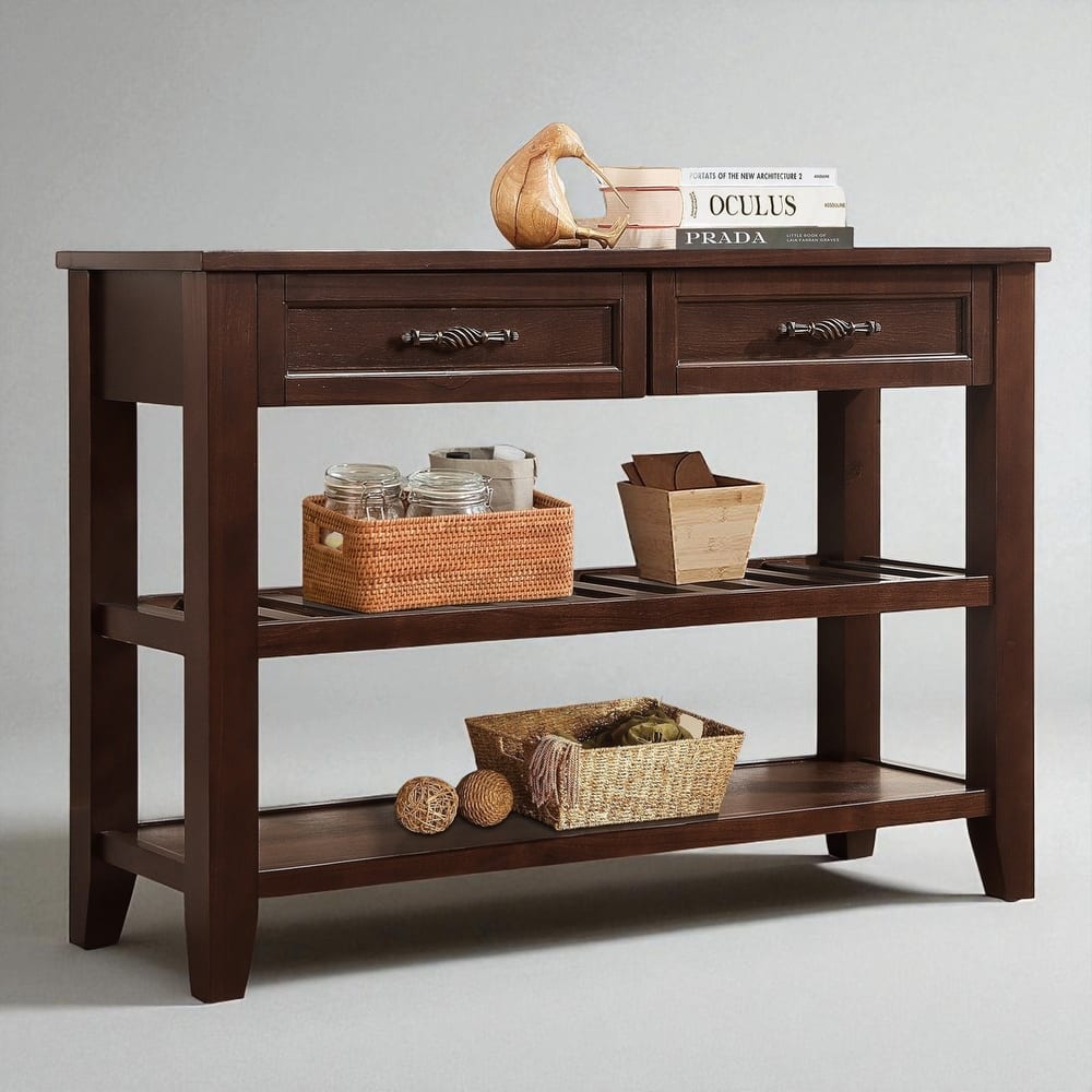 Mid-Century Console Sofa Table with Drawers and Shelves, 42 Inch Solid Wood Sideboard for Entryway and Hallway