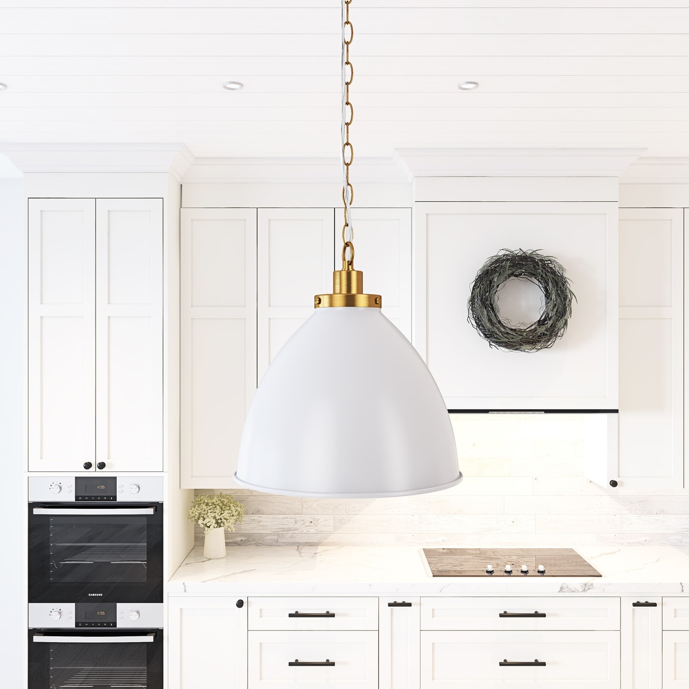 Modern 1-Light Brushed Bronze Single Dome Pendant Lamp with White Metal Shade
