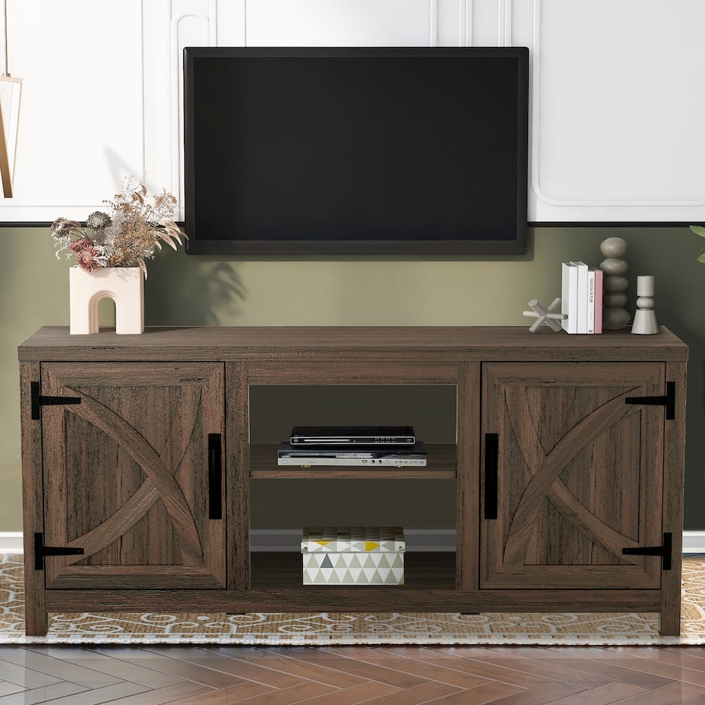 58" Rustic Walnut Barn Door Wood Console TV Stand for TV's up to 65" - 58 inches in width