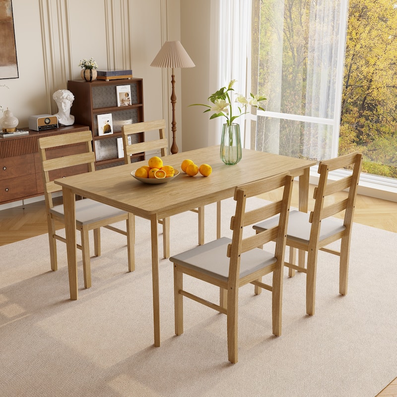 5 pieces dining room table and chair set, including 1 rectangle table + 4 back chairs Practical household dining table set - Natural Wood