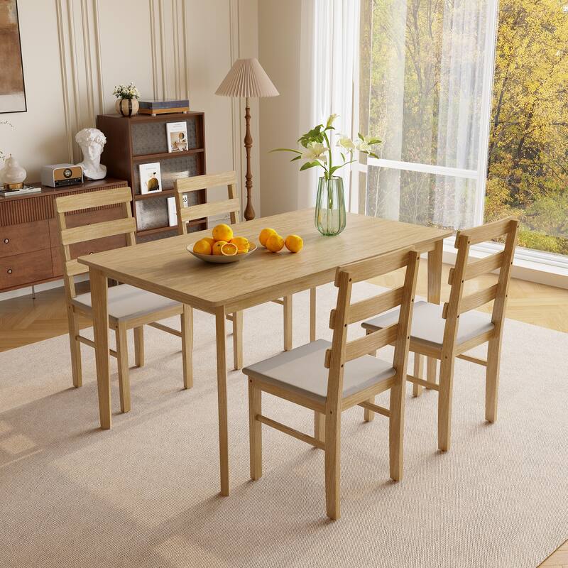 Dining Set with 4 Padded Chairs, Curved Backrest Chairs Breakfast Nook Rustic Natural Wood Table & Chairs Set