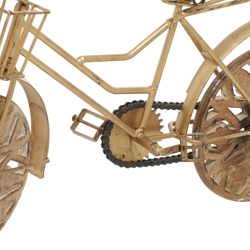 Metal Bike Decorative Sculpture with Carved Wood Wheels - White, Brown, Gold - Roche River Decor - Gold - 19"W, 12"H