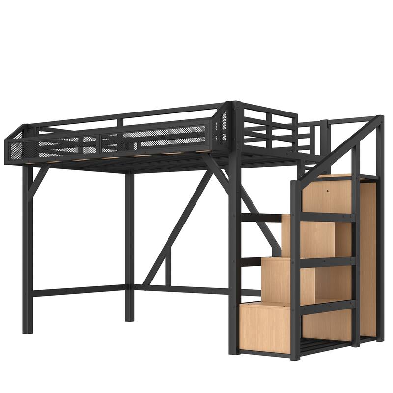 Noise-reduced Design Metal Loft Bed Frame with Storage Stairs, Shelves, Built-in Wardrobe, Light Strip and Charging Station