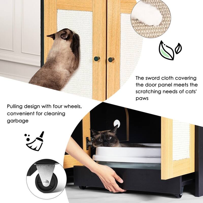 Hidden Cat Litter Box for 2 Cats with Rattan Doors, Large Easy Access