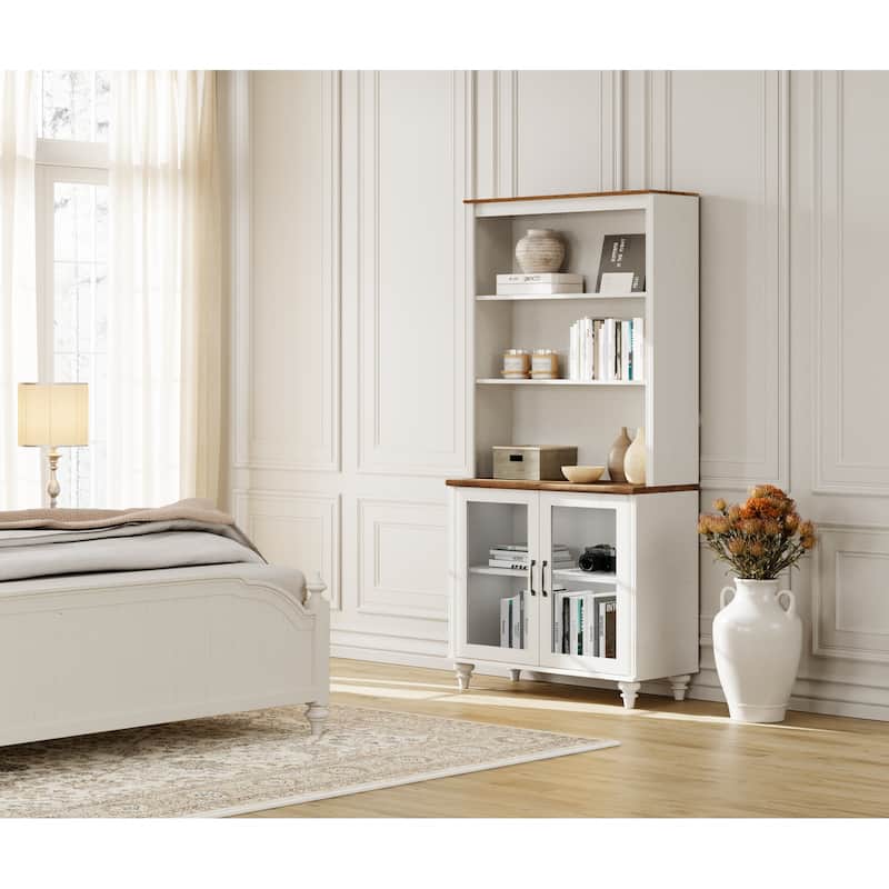 White Bookcase with Doors, Large Wood Farmhouse Book Case Shelf