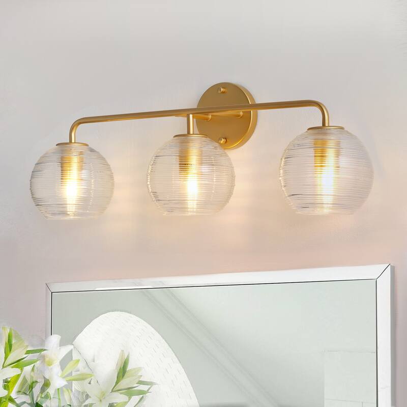 Painted Gold 3-Light Vanity Light with Clear Striped Glass Shades for Bathroom Mirror