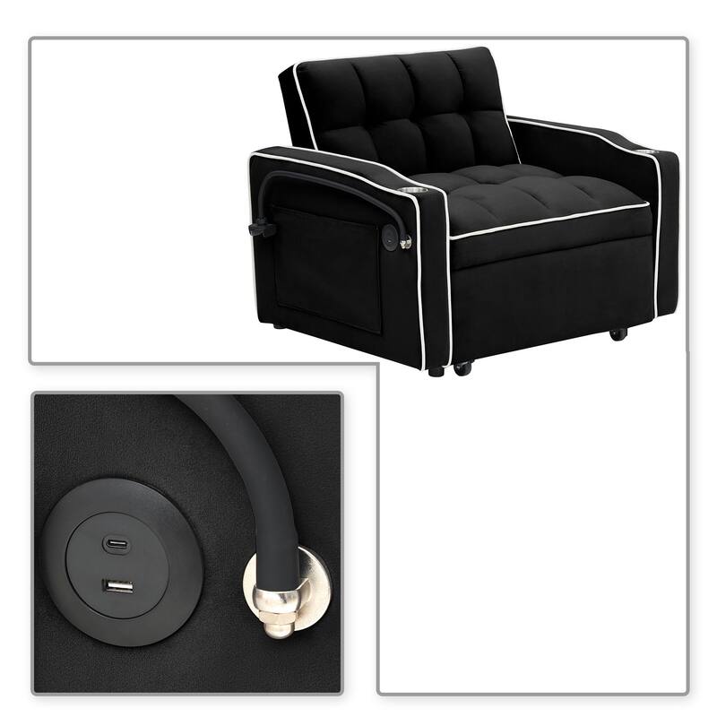 Multifunctional Velvet Upholstered Convertible Storage Futon Chair with Swivel Phone Stand