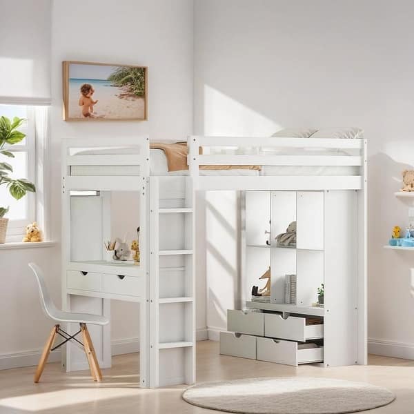 slide 2 of 18, Storage Loft Bed with Shelves, Drawers, Writing Desk and Led Light, Twin Size White