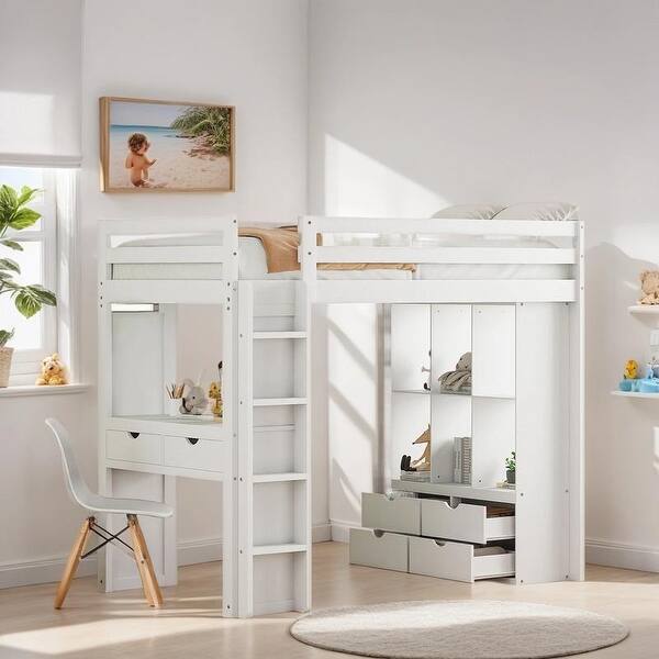 slide 2 of 9, Twin Size Loft Bed with Large Storage Shelves, Wooden Bed with Writing Desk and Led Light, Kid's Bed with Drawers, White White