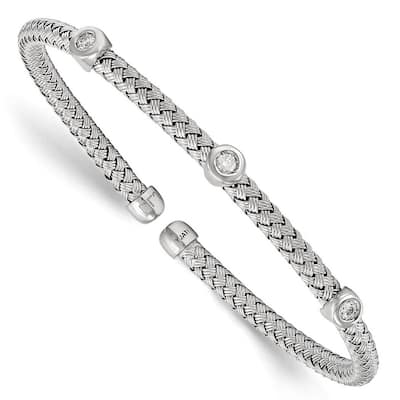 Curata 925 Sterling Silver Rhodium 3.7mm Station Cubic Zirconia Woven Flexible Cuff Bangle