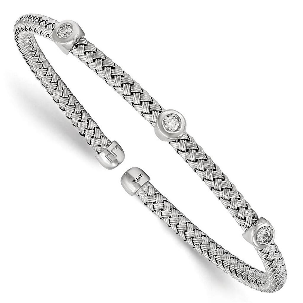 Curata 925 Sterling Silver Rhodium 3.7mm Station Cubic Zirconia Woven Flexible Cuff Bangle