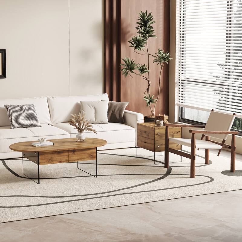 Anmytek Wood Tone Oval Coffee Table with 2 Drawers Modern Living Room Storage Centerpiece