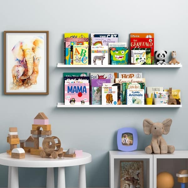 slide 2 of 7, Wallniture Denver 46" Floating Shelves for Kids Room Decor, White Bookshelf (Set of 2)