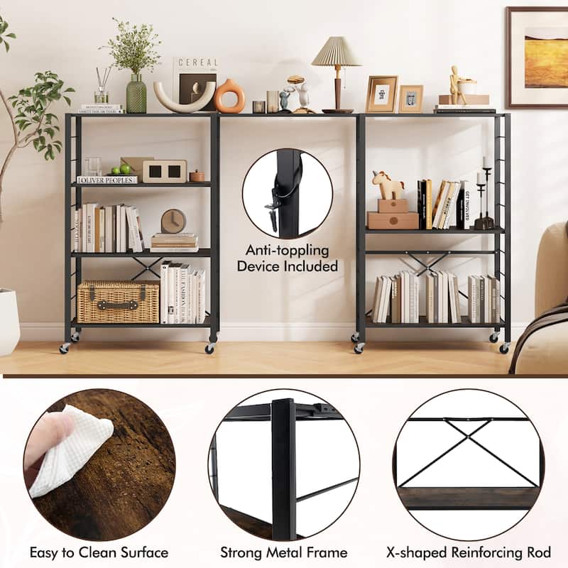 Gymax 4-tier Foldable Storage Shelf w/ Lockable Wheels Home Shelving