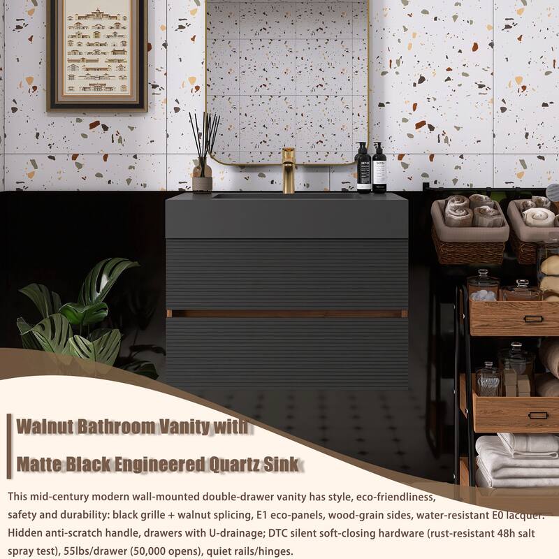 Wall Mounted Bathroom Vanity with Solid Surface Sink and Soft Drawers