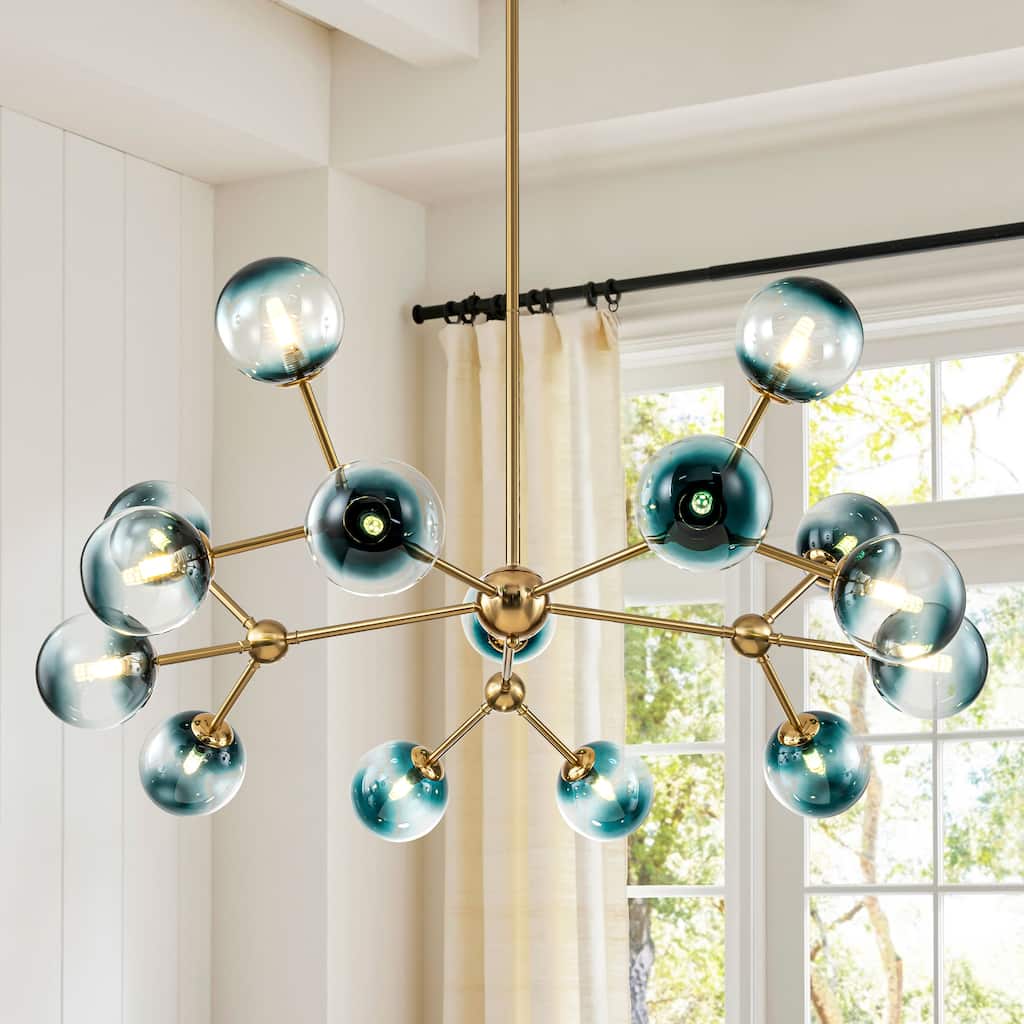15-Light Brass Sputnik Gradient Blue Glass Globe Bubble Chandelier/ Dining Room Celing Light