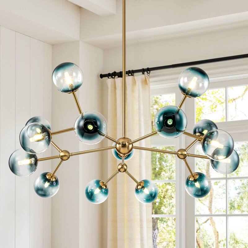 15-Light Modern Glam Linear Sputnik Gradient Blue Glass Globe Bubble Branch Chandelier
