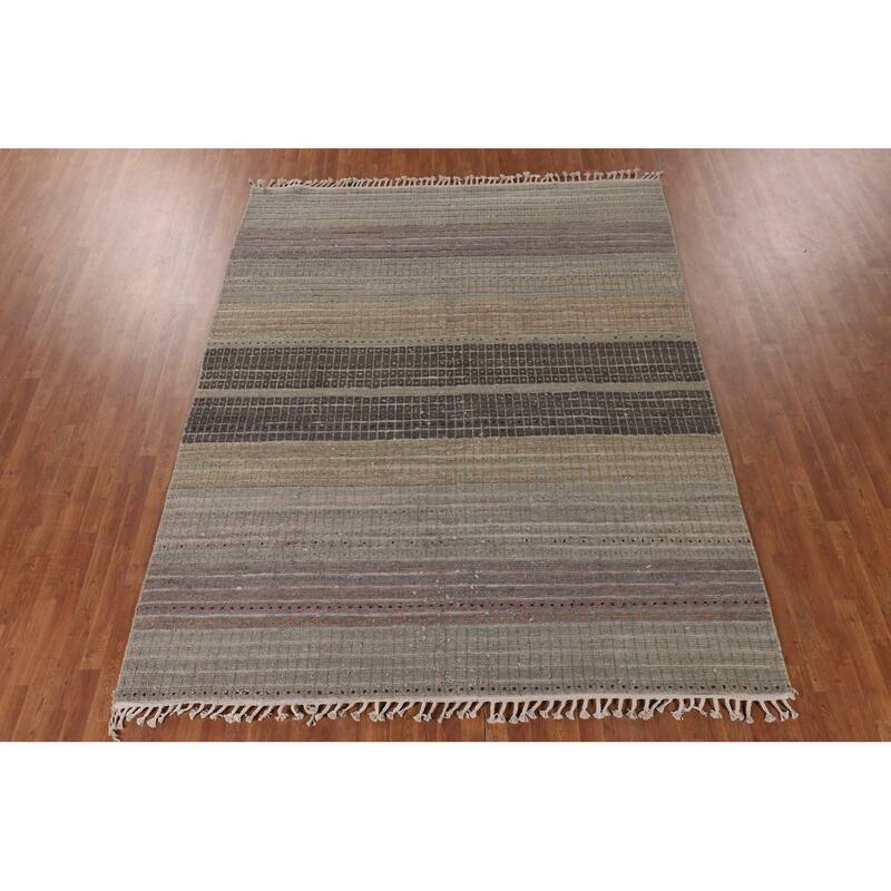 Striped Moroccan Style Area Rug Hand-Knotted Wool Carpet - 8'0" x 10'3"