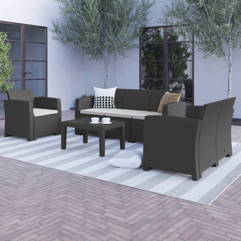 4 Piece Outdoor Faux Rattan Chair, Loveseat, Sofa and Table Set - Dark Grey