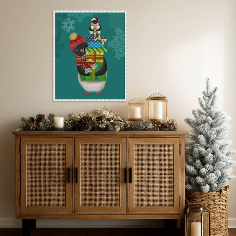 Christmas Penguin Gifts by Fab Funky (23 x 28 in.), Framed Canvas Wall Art Print - Sylvie Beaded White