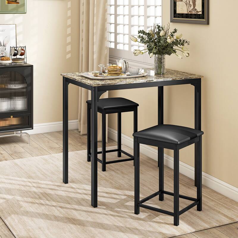 Gymax 3 PCS Counter Height Dining Set Faux Marble Table & 2 Chairs