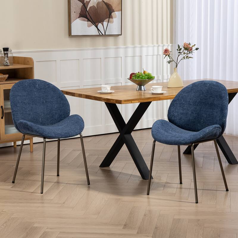 Set of 2 Benedetta Blue Linen Upholstered Dining Chair with Iron Legs