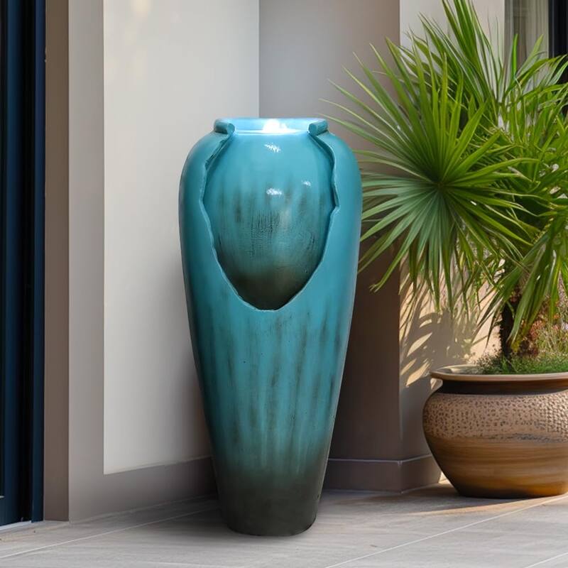 30.7" High Concrete Jar Water Fountain Outdoor, Garden Vase Water Feature - 30.7"H