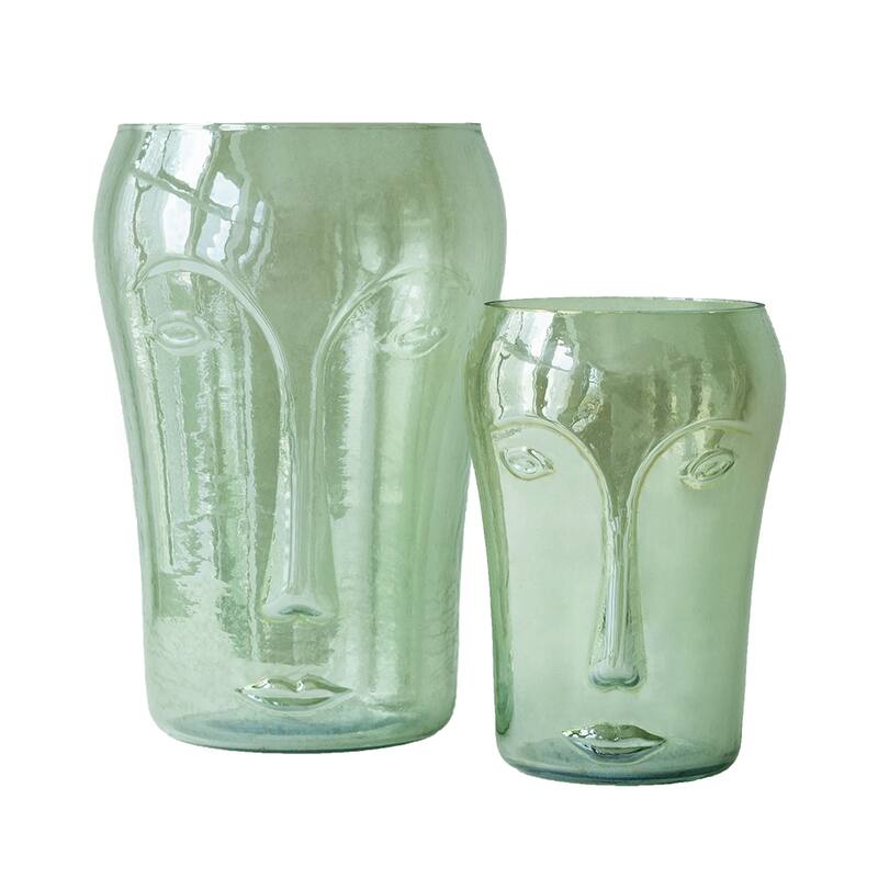 Decorative Glass Vases Set of 2 with Face Motifs Green Artisan Crafted