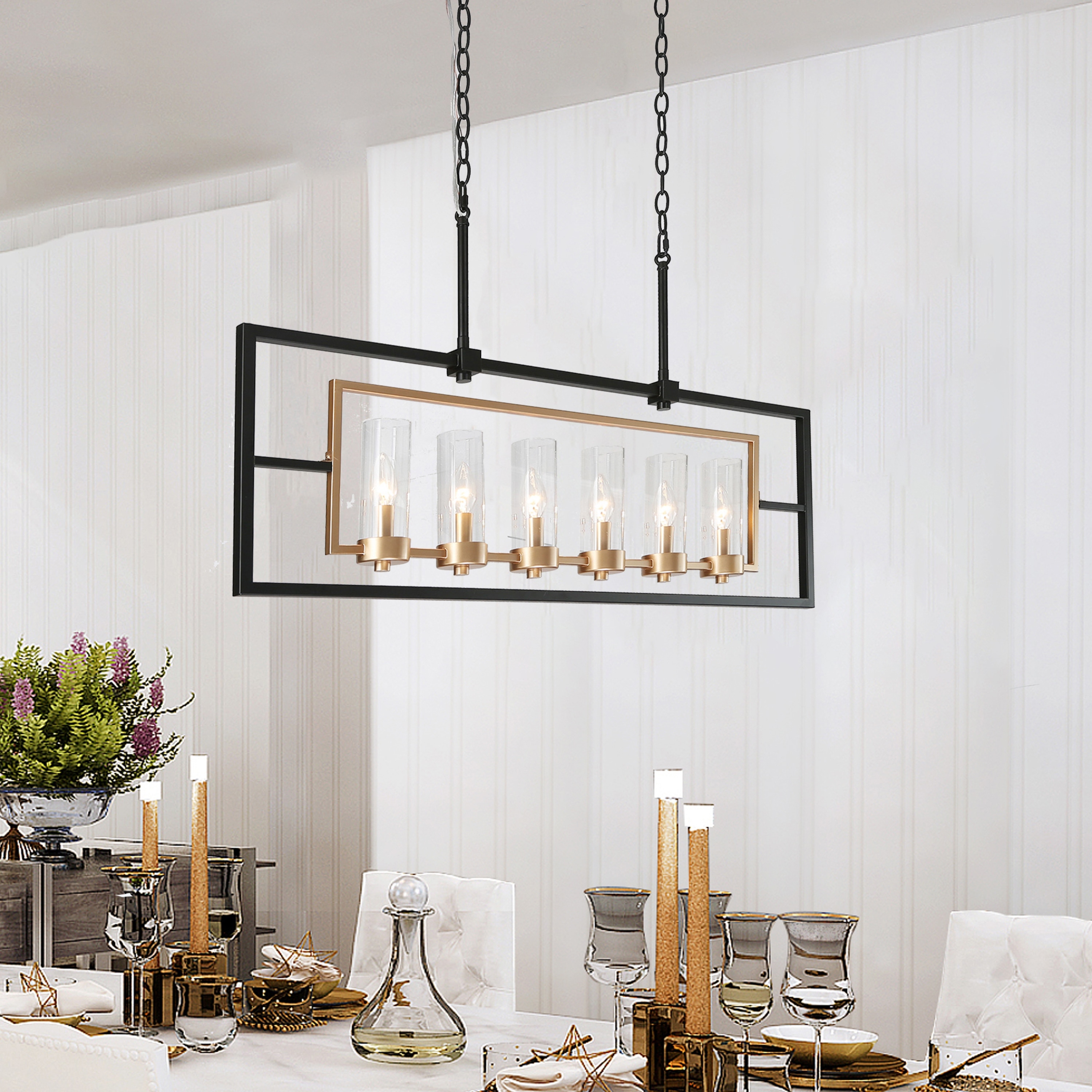 Marsie 37.5 inches Mid-Century Modern Large Linear Chandeliers 6-light Glass Shade Kitchen Islands Lights