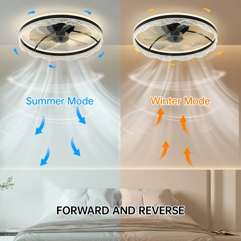 24" Quiet Ceiling Fan with Light - LED Crystal Flush Mount Fan Lamp with Hidden Blades and Natural Airflow - Black