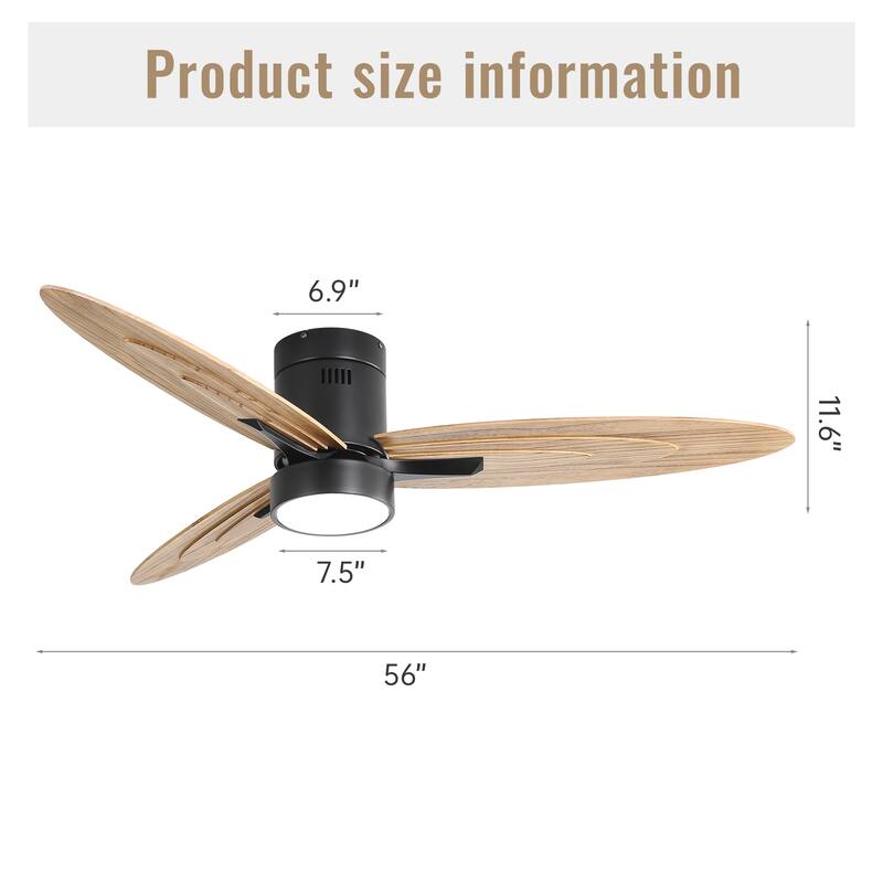 56 Inch Flush Mount Ceiling Fan with Light and Remote Control, 6-Speed Reversible Ceiling Fan for Living Room Bedroom, Black