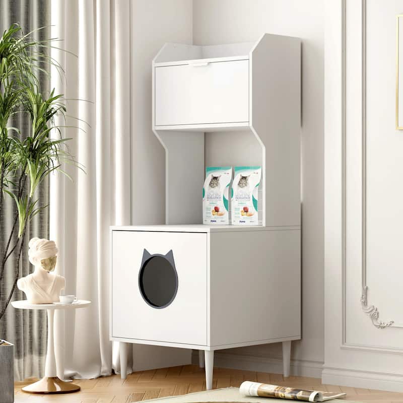 Litter Box Enclosure with Shelves&Doors,White Wooden Hidden Cat Litter Box,Industrial Indoor Cat House Pet Crate Storage Cabinet