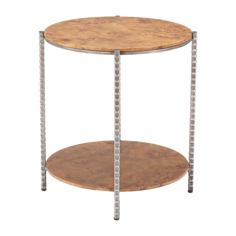 HomeRoots 22" Natural and Silver Wood and Steel Round End Table With Shelf - 20.00 in. x 22.00 in. x 20.00 in.