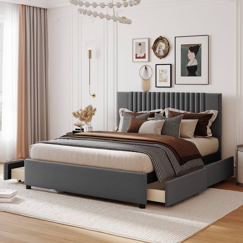 Linen Fabric Upholstered Bed Frame Queen Platform Bed with 4 Storage