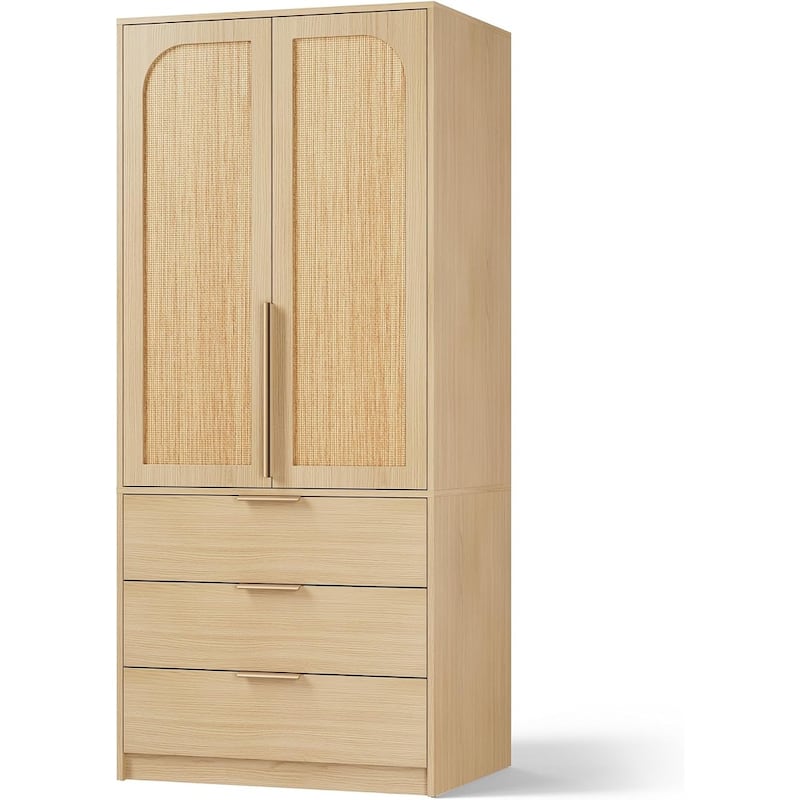 Garvee Rattan Door Armoire Wardrobe Closet, 69.5" Wooden Wardrobe Cabinet with 3 Drawers